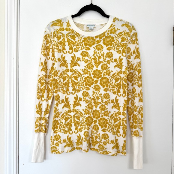 Sundance Tops - Sundance Womens Yellow Damask Floral Waffle Knit Thermal Top Button Cuff Medium